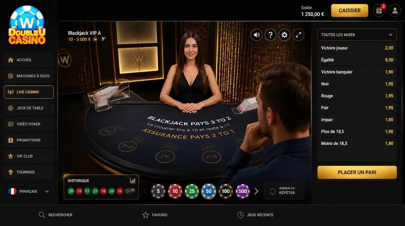 Table de live casino avec cotes décimales visibles